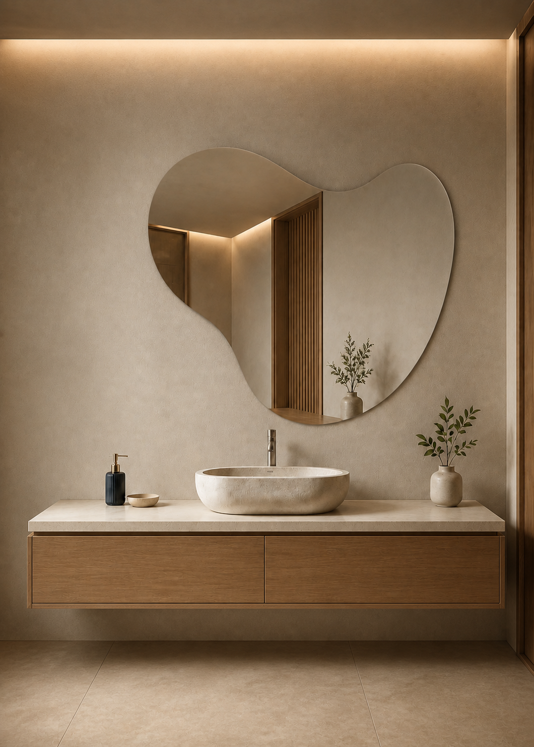 Espejo decorativo orgánico instalado en un baño contemporáneo