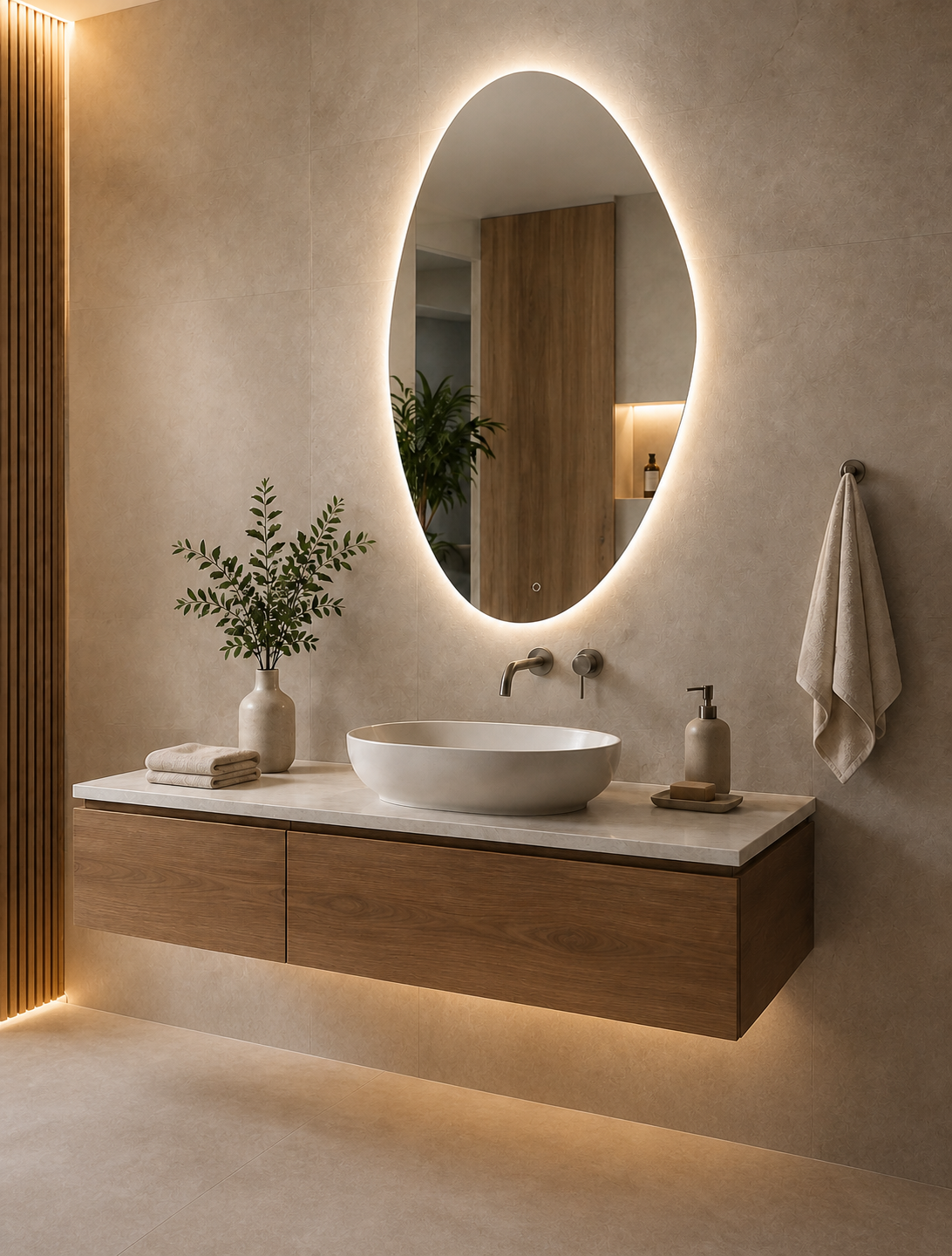 Espejo ovalado con iluminación LED sobre un lavabo