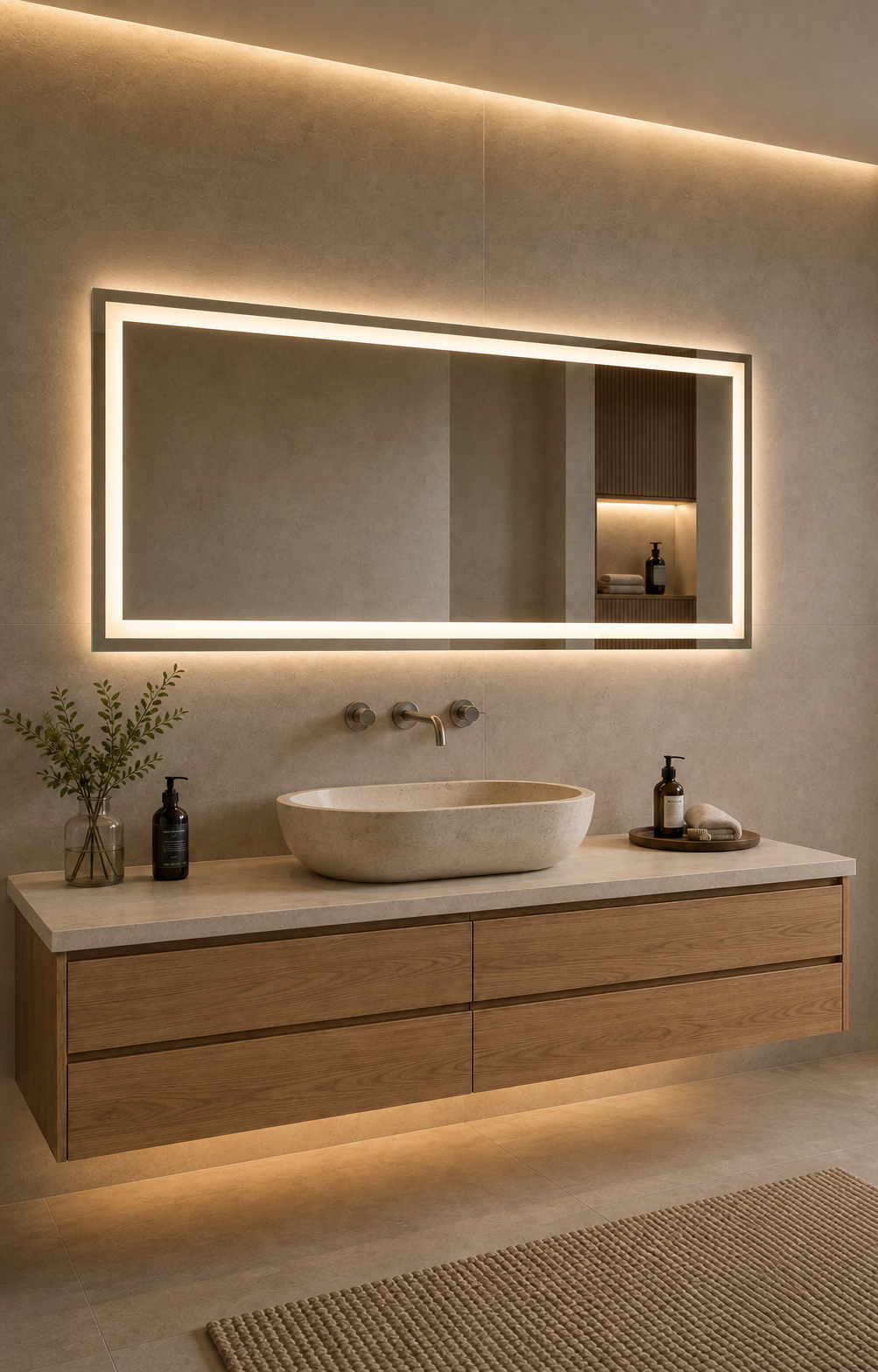 Espejo rectangular con iluminación frontal instalado sobre un lavabo contemporáneo
