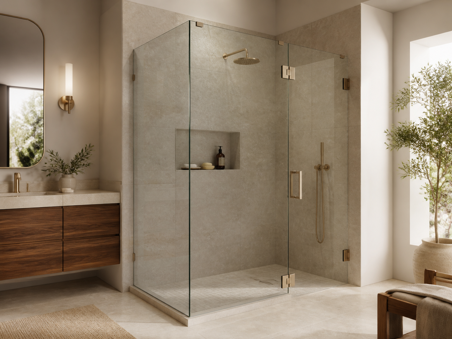 Mampara de baño fabricada en vidrio templado con herrajes metálicos